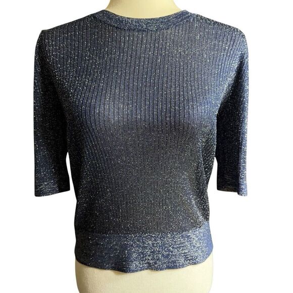 Veronica Beard Sweater Uma Blue Metallic Shimmer Sz M Short Sleeve Holiday - Picture 1 of 10